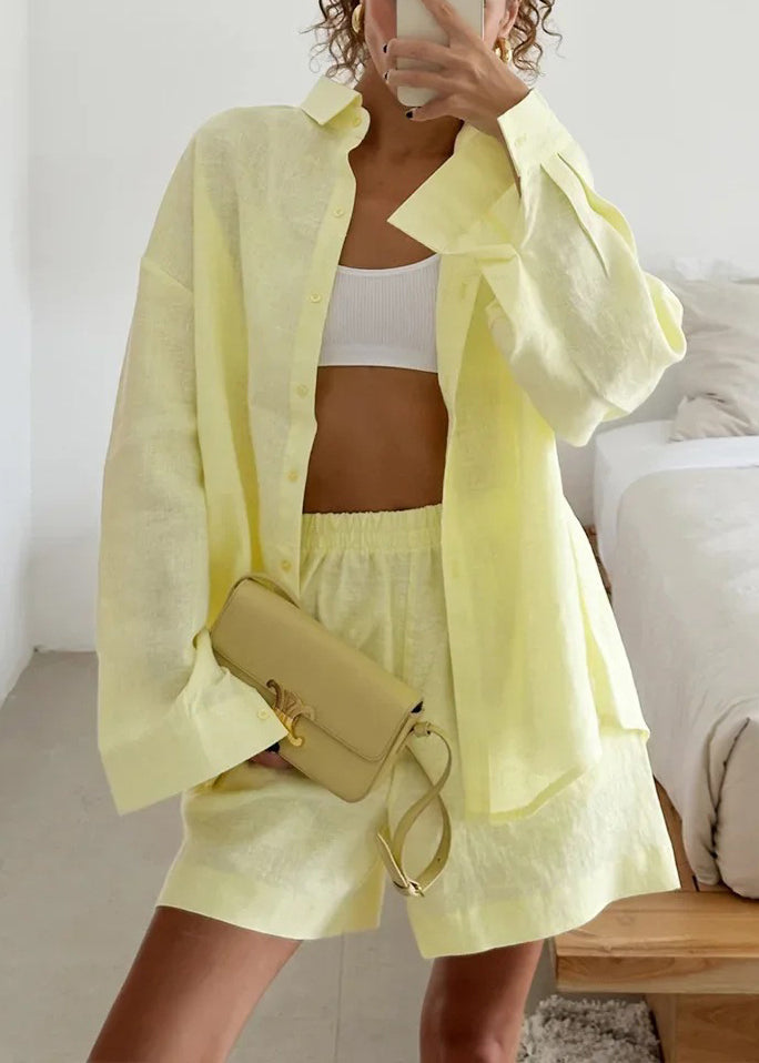 Simple Yellow Peter Pan Collar Solid Cotton Two Piece Set Summer