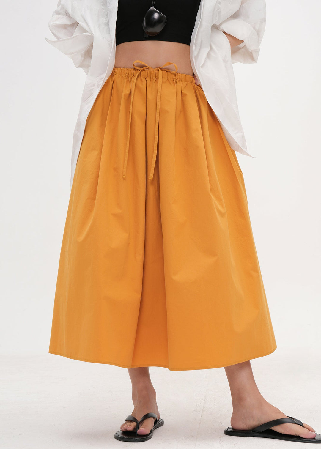 Simple Yellow Pockets Drawstring Solid Cotton Skirt Summer