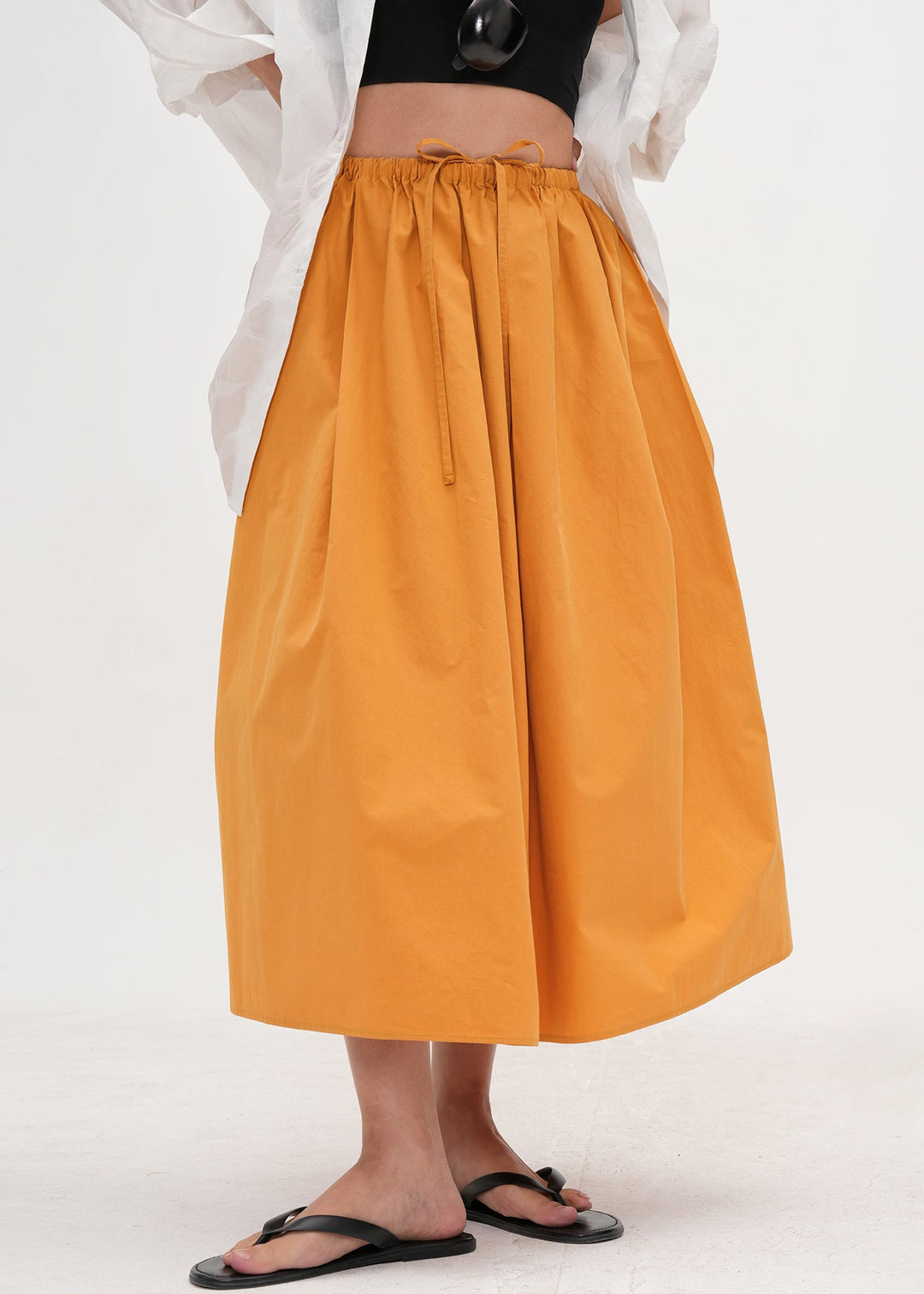 Simple Yellow Pockets Drawstring Solid Cotton Skirt Summer