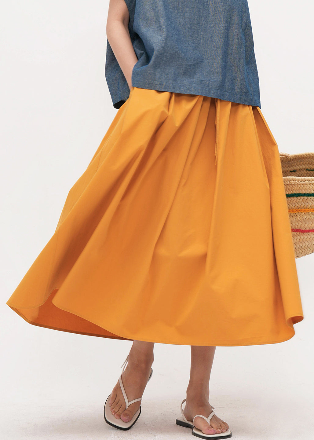 Simple Yellow Pockets Drawstring Solid Cotton Skirt Summer