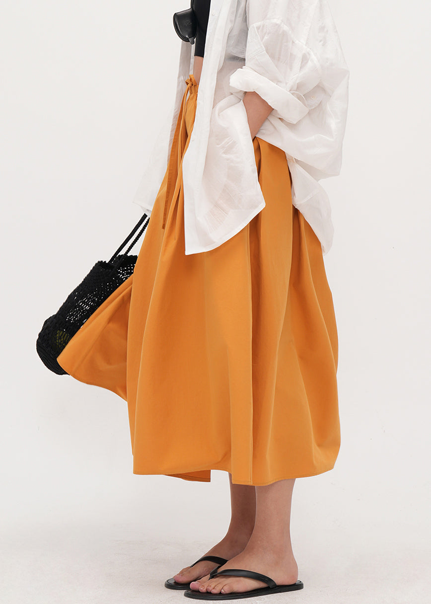 Simple Yellow Pockets Drawstring Solid Cotton Skirt Summer