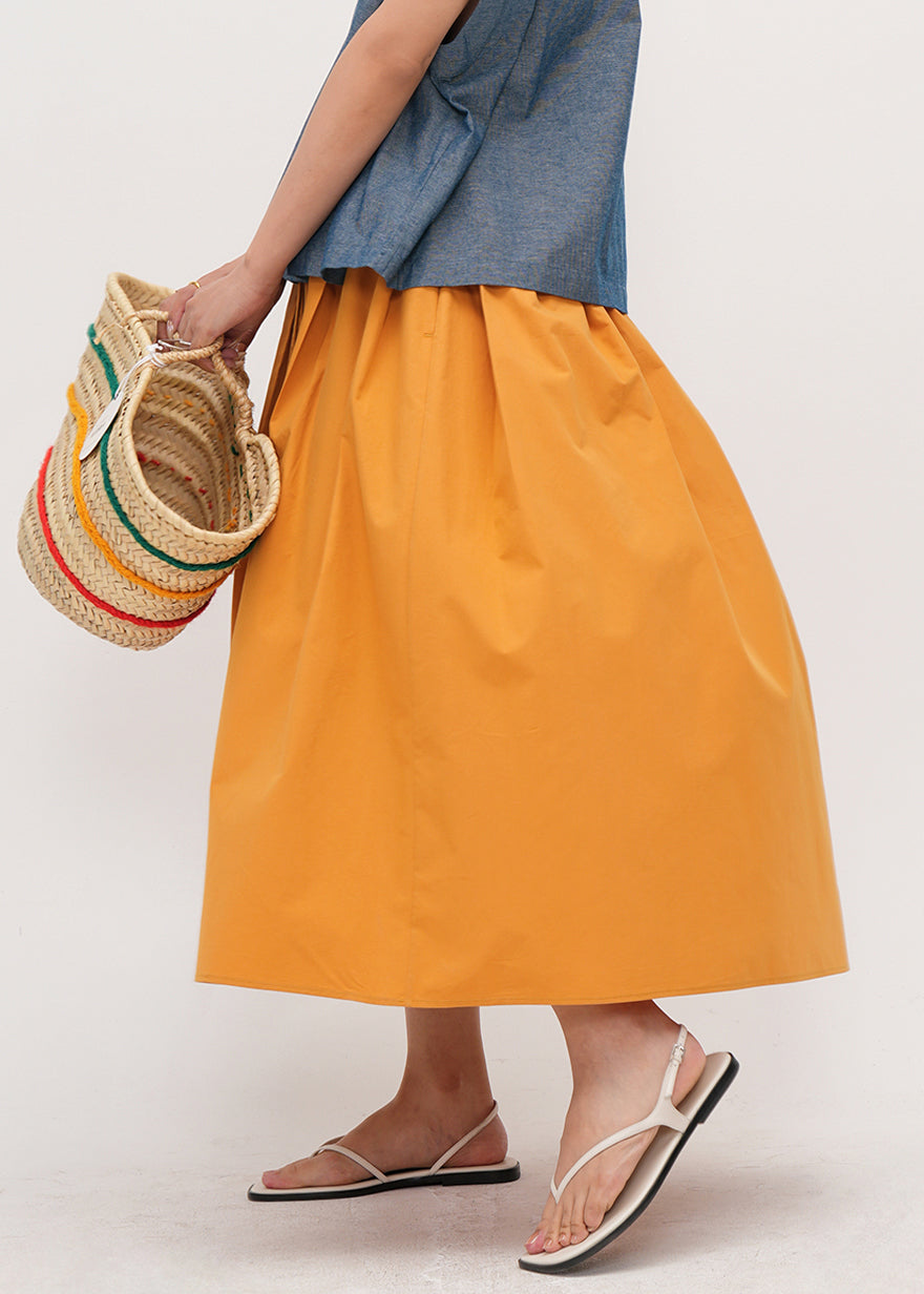 Simple Yellow Pockets Drawstring Solid Cotton Skirt Summer