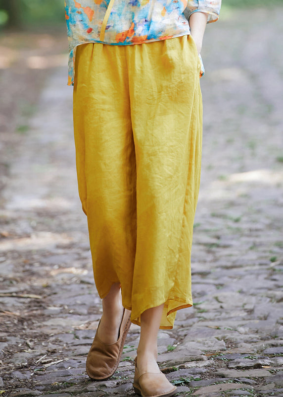 Simple Yellow Pockets Elastic Waist Linen Crop Pantss Summer