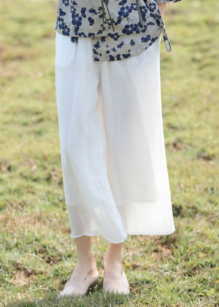 Simple Yellow Pockets Elastic Waist Linen Crop Pantss Summer