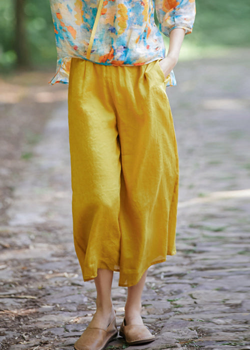 Simple Yellow Pockets Elastic Waist Linen Crop Pantss Summer