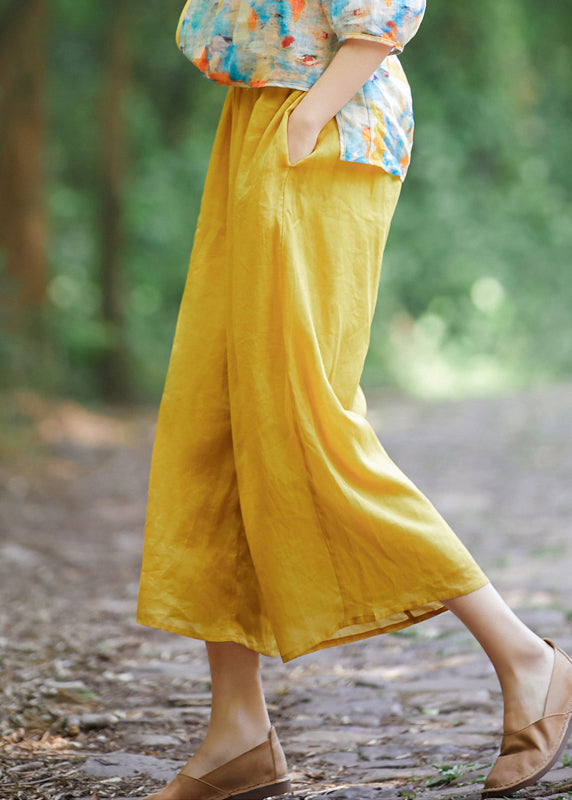 Simple Yellow Pockets Elastic Waist Linen Crop Pantss Summer