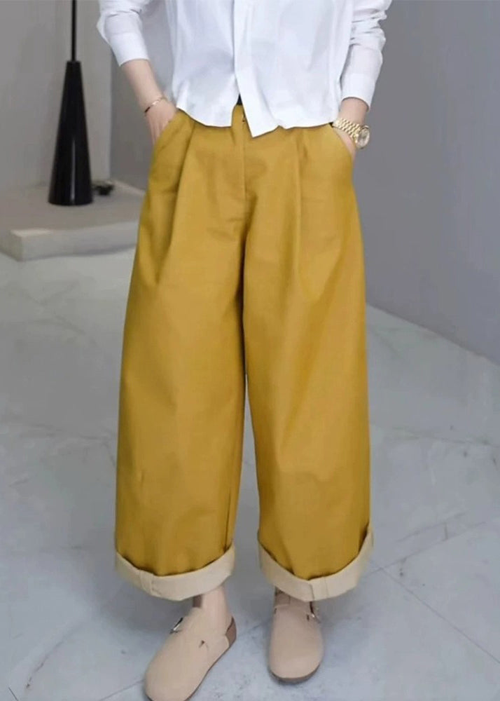 Simple Yellow Pockets High Waist Cotton Crop Pants Fall
