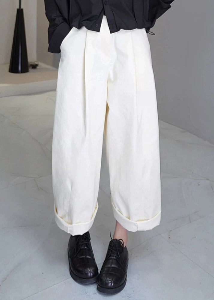 Simple Yellow Pockets High Waist Cotton Crop Pants Fall