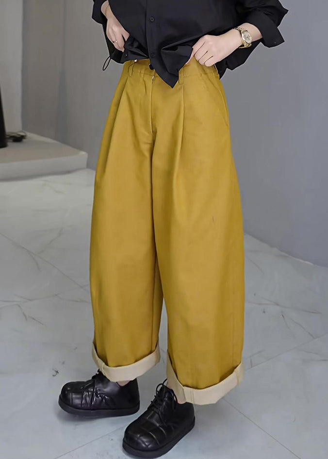 Simple Yellow Pockets High Waist Cotton Crop Pants Fall