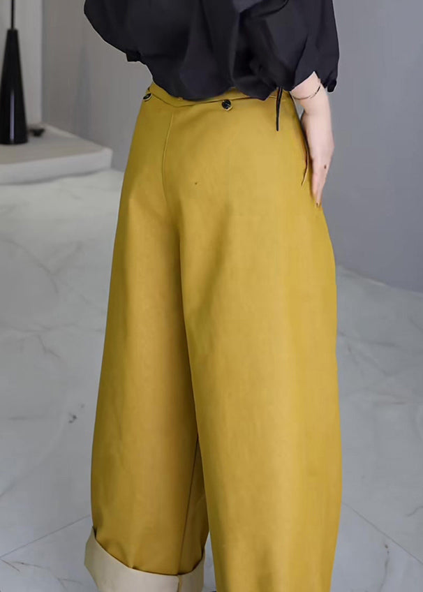 Simple Yellow Pockets High Waist Cotton Crop Pants Fall