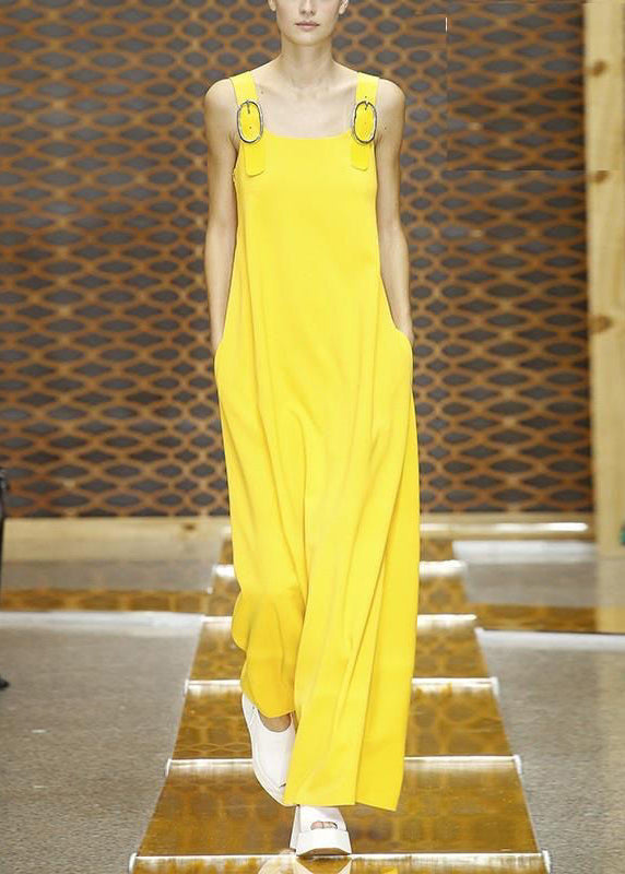 Simple Yellow Pockets Solid Cotton Jumpsuit Pants Sleeveless