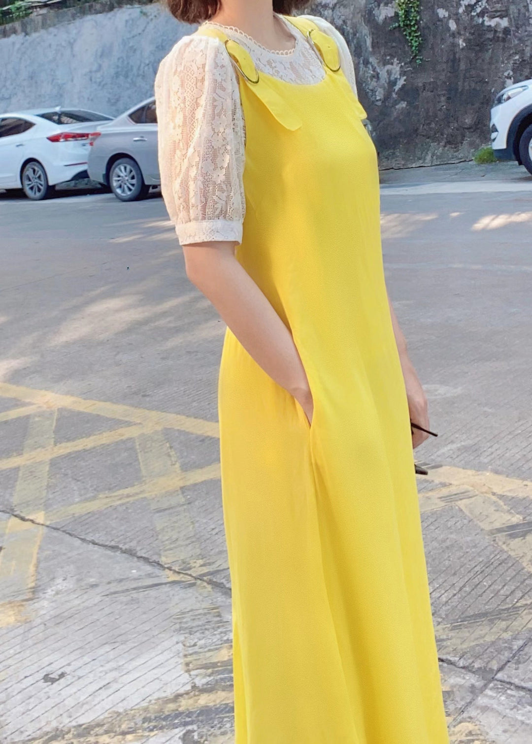 Simple Yellow Pockets Solid Cotton Jumpsuit Pants Sleeveless