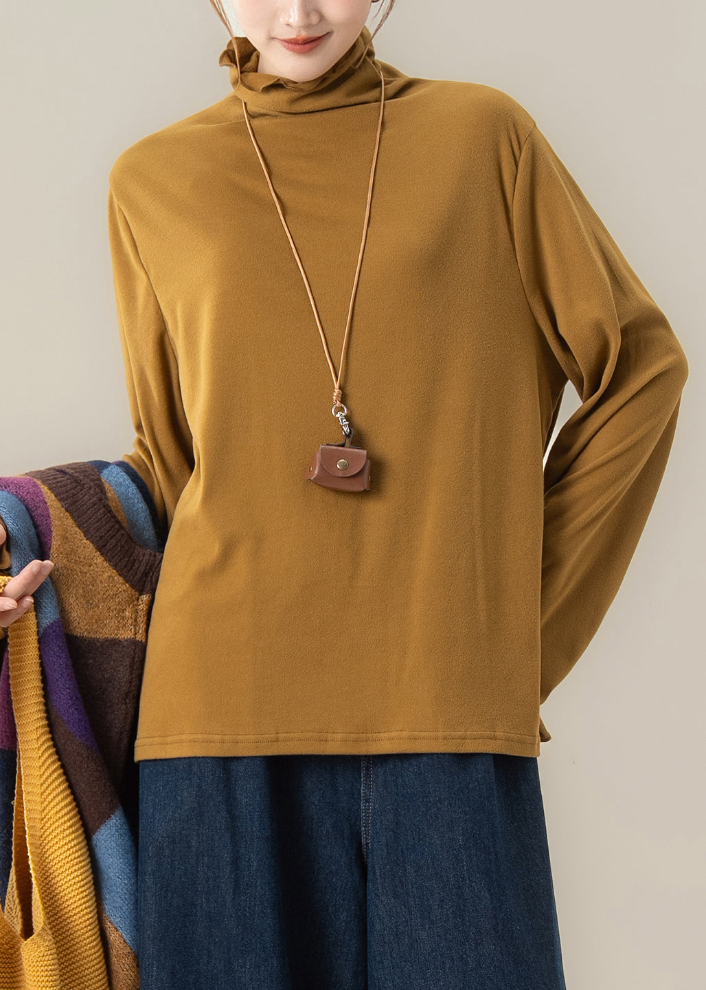 Simple Yellow Ruffled Hign Neck Cotton T Shirt Tops Fall