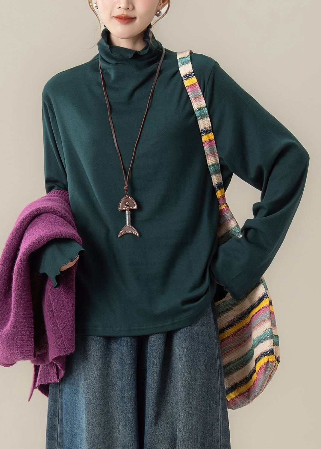 Simple Yellow Ruffled Hign Neck Cotton T Shirt Tops Fall