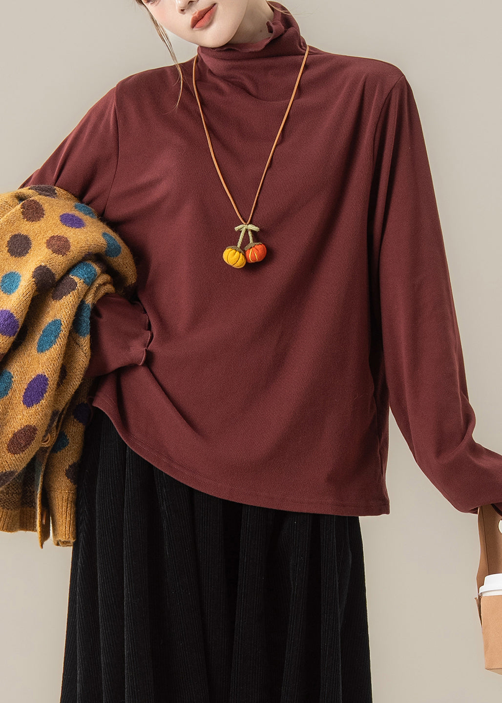 Simple Yellow Ruffled Hign Neck Cotton T Shirt Tops Fall