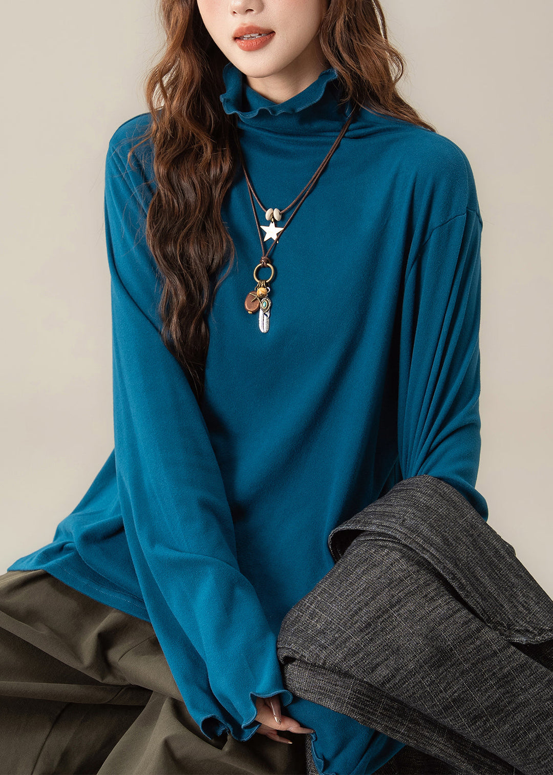 Simple Yellow Ruffled Hign Neck Cotton T Shirt Tops Fall