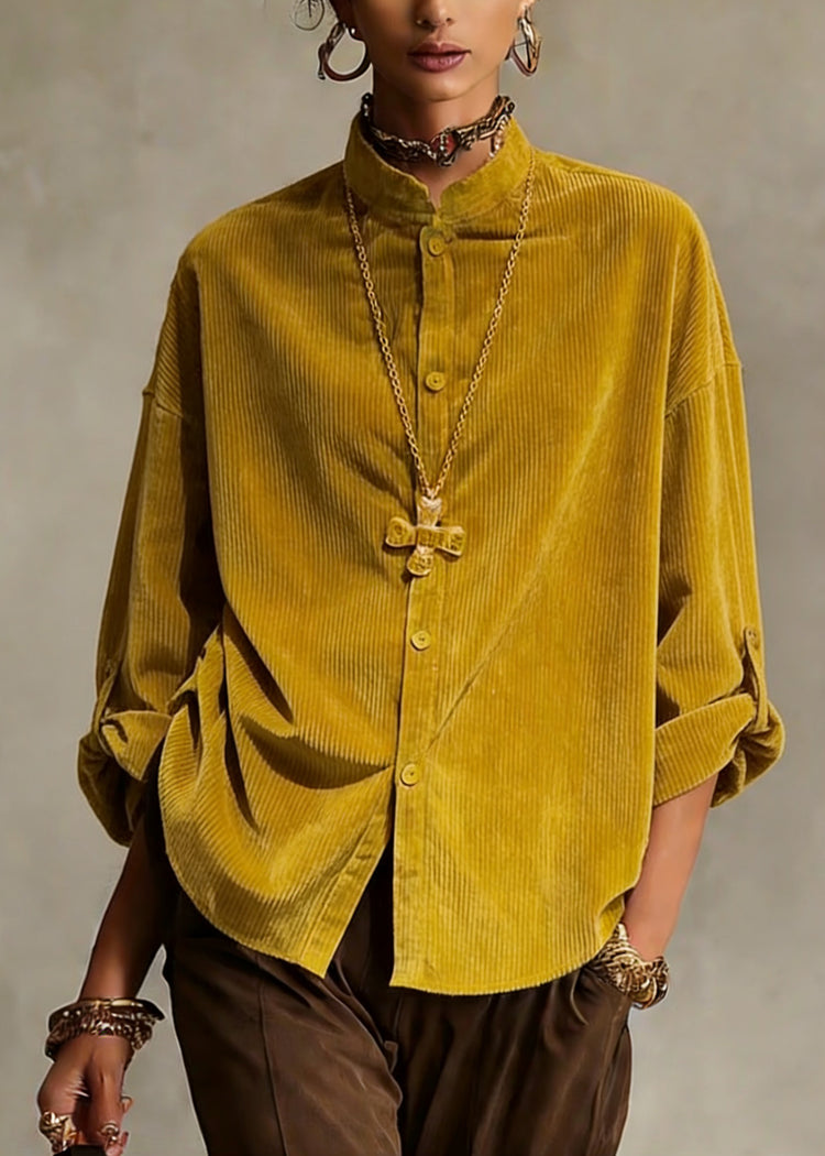 Simple Yellow Stand Collar Button Solid Shirts Spring - Omychic