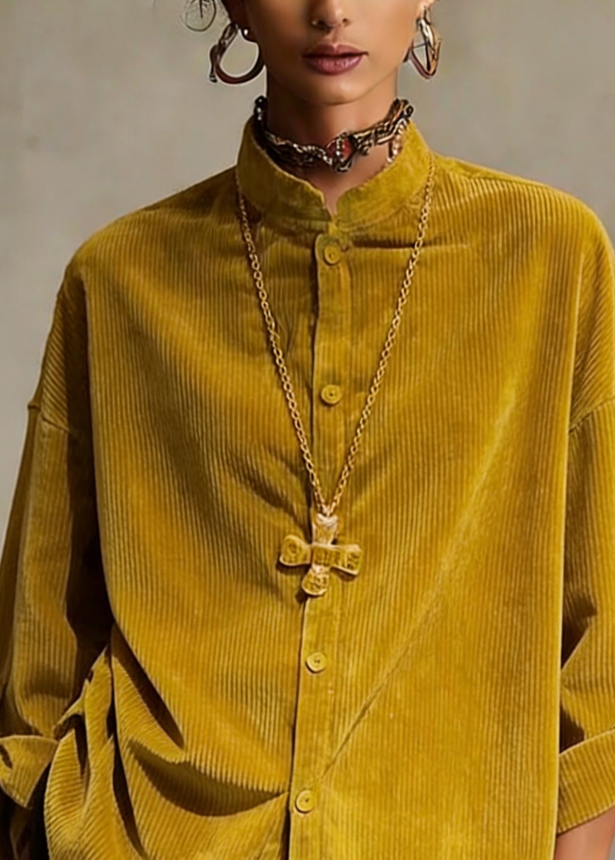 Simple Yellow Stand Collar Button Solid Shirts Spring - Omychic