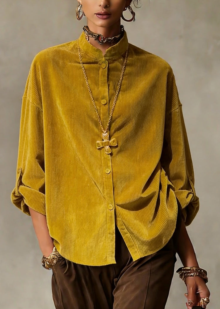 Simple Yellow Stand Collar Button Solid Shirts Spring - Omychic