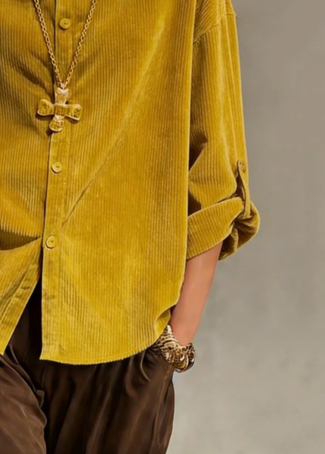 Simple Yellow Stand Collar Button Solid Shirts Spring - Omychic