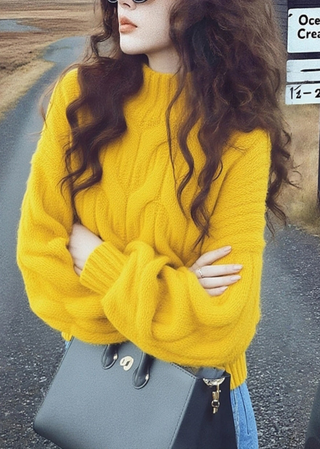 Simple Yellow Stand Collar Cable Knit Short Sweater Winter