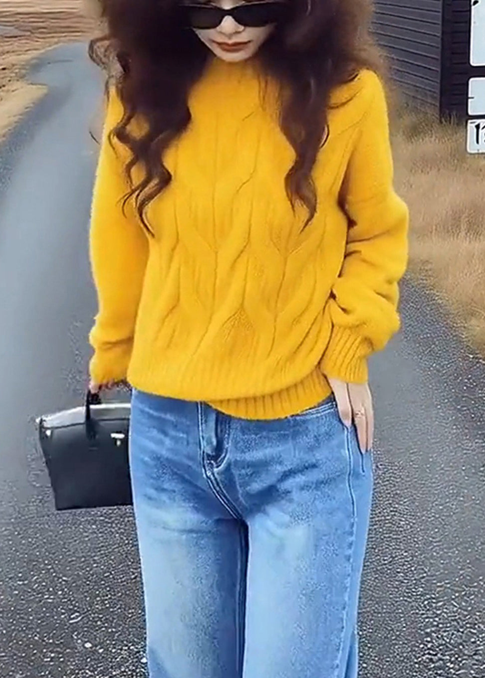 Simple Yellow Stand Collar Cable Knit Short Sweater Winter