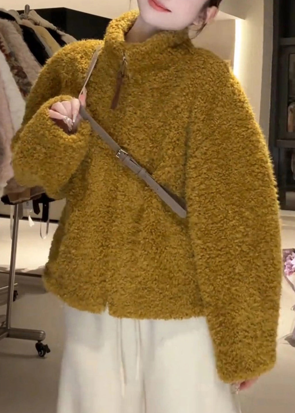 Simple Yellow Stand Collar Zippered Pockets Fluffy Coat