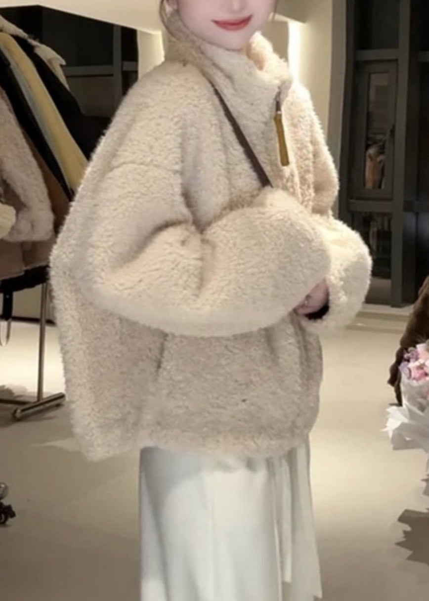 Simple Yellow Stand Collar Zippered Pockets Fluffy Coat