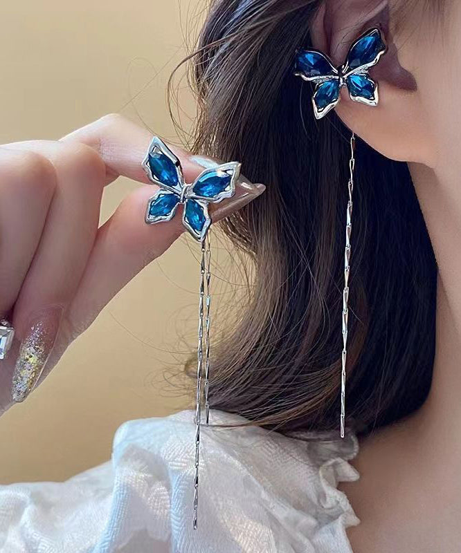 Skinny Blue Copper Zircon Butterfly Tassel Drop Earrings