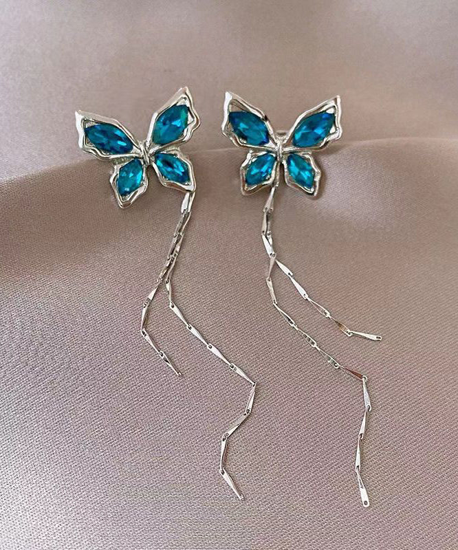 Skinny Blue Copper Zircon Butterfly Tassel Drop Earrings