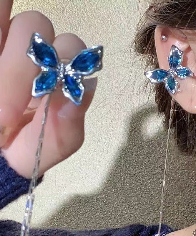 Skinny Blue Copper Zircon Butterfly Tassel Drop Earrings