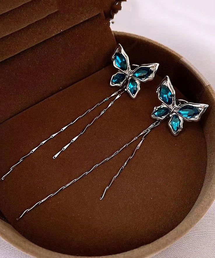 Skinny Blue Copper Zircon Butterfly Tassel Drop Earrings