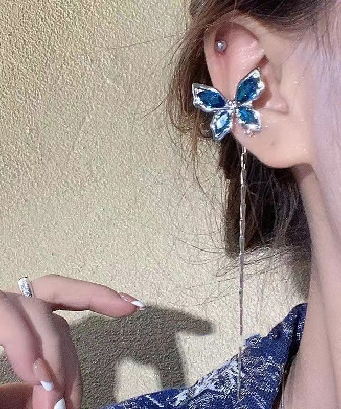 Skinny Blue Copper Zircon Butterfly Tassel Drop Earrings