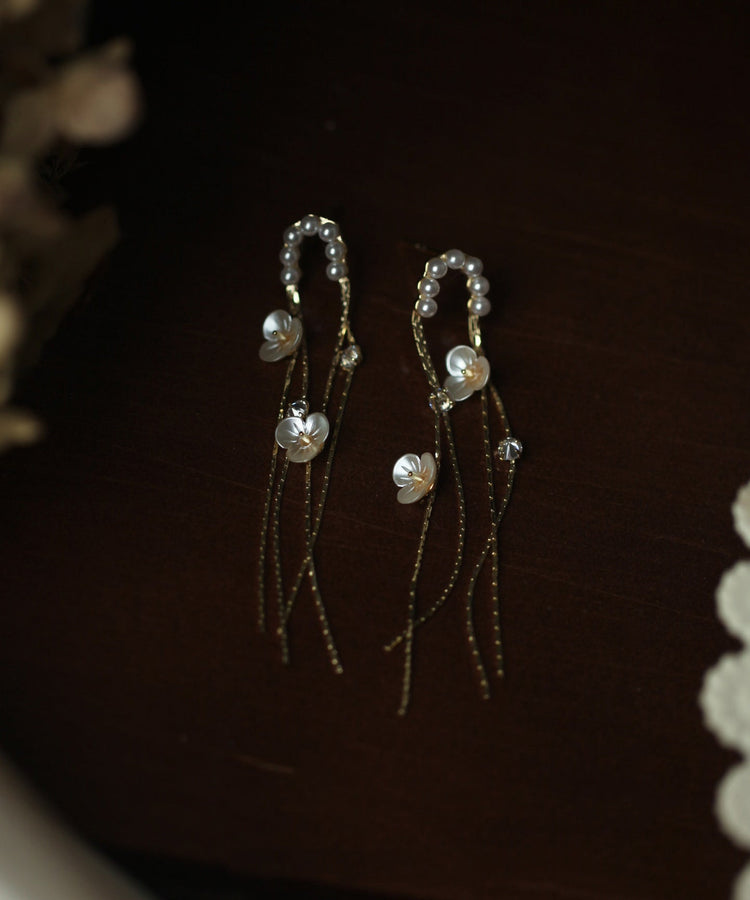 Skinny Gold Alloy Pearl Floral Tassel Drop Earrings - Omychic