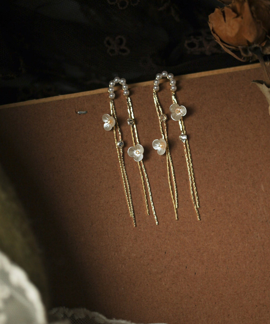 Skinny Gold Alloy Pearl Floral Tassel Drop Earrings - Omychic