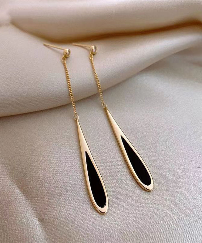 Skinny Gold Copper Alloy Black Water Drop Drop Earrings