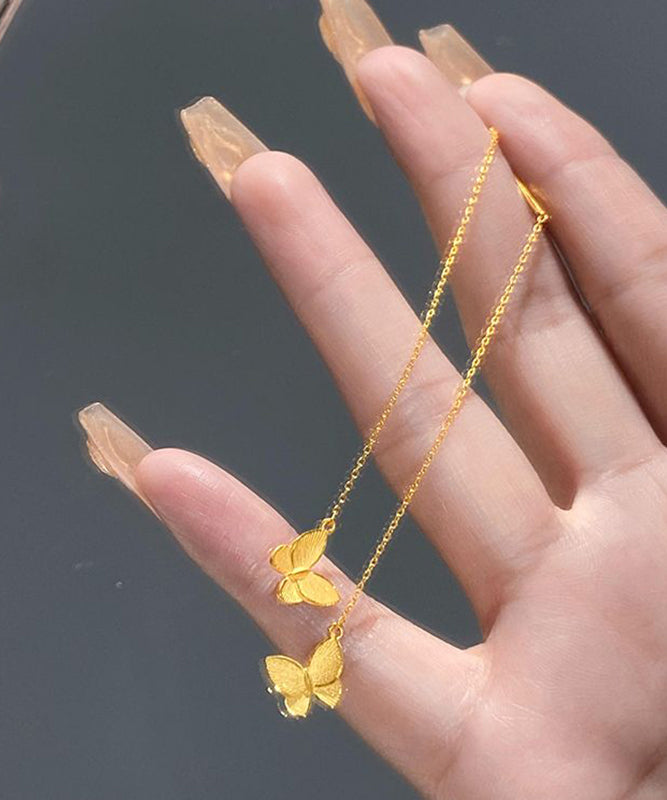 Skinny Gold Sterling Silver Overgild Butterfly Tassel Drop Earrings