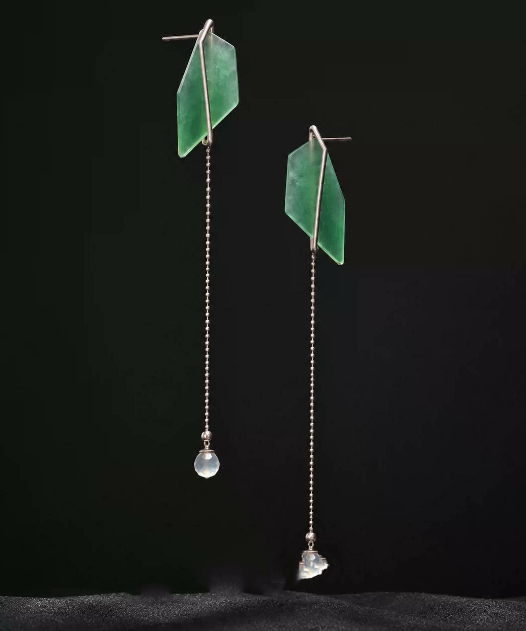 Skinny Green Alloy Jade Tassel Drop Earrings