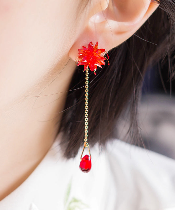 Skinny Red Alloy Zircon Red Spider Lily Water Droplet Tassel Drop Earrings
