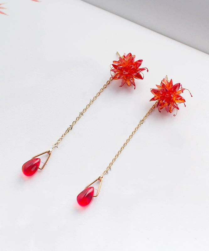 Skinny Red Alloy Zircon Red Spider Lily Water Droplet Tassel Drop Earrings