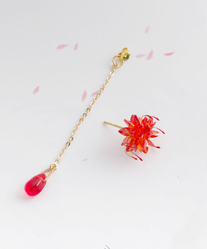 Skinny Red Alloy Zircon Red Spider Lily Water Droplet Tassel Drop Earrings