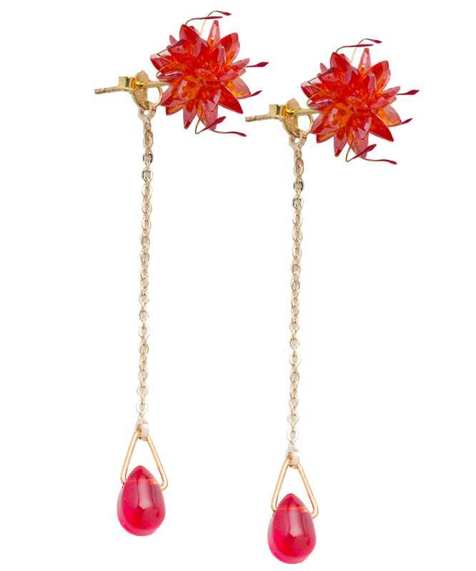 Skinny Red Alloy Zircon Red Spider Lily Water Droplet Tassel Drop Earrings