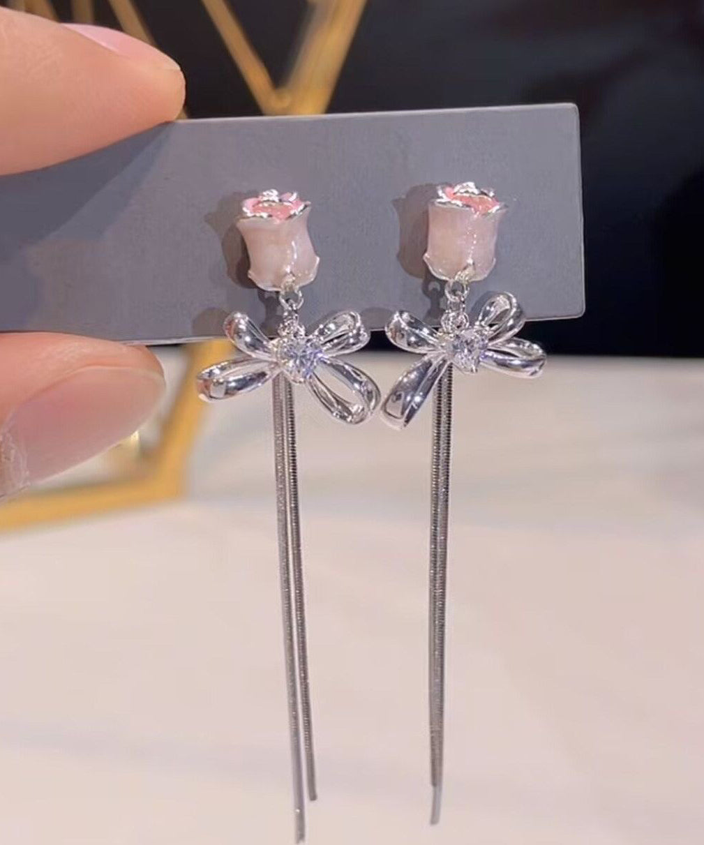 Skinny Silk Alloy Bow Tulip Tassel Drop Earrings