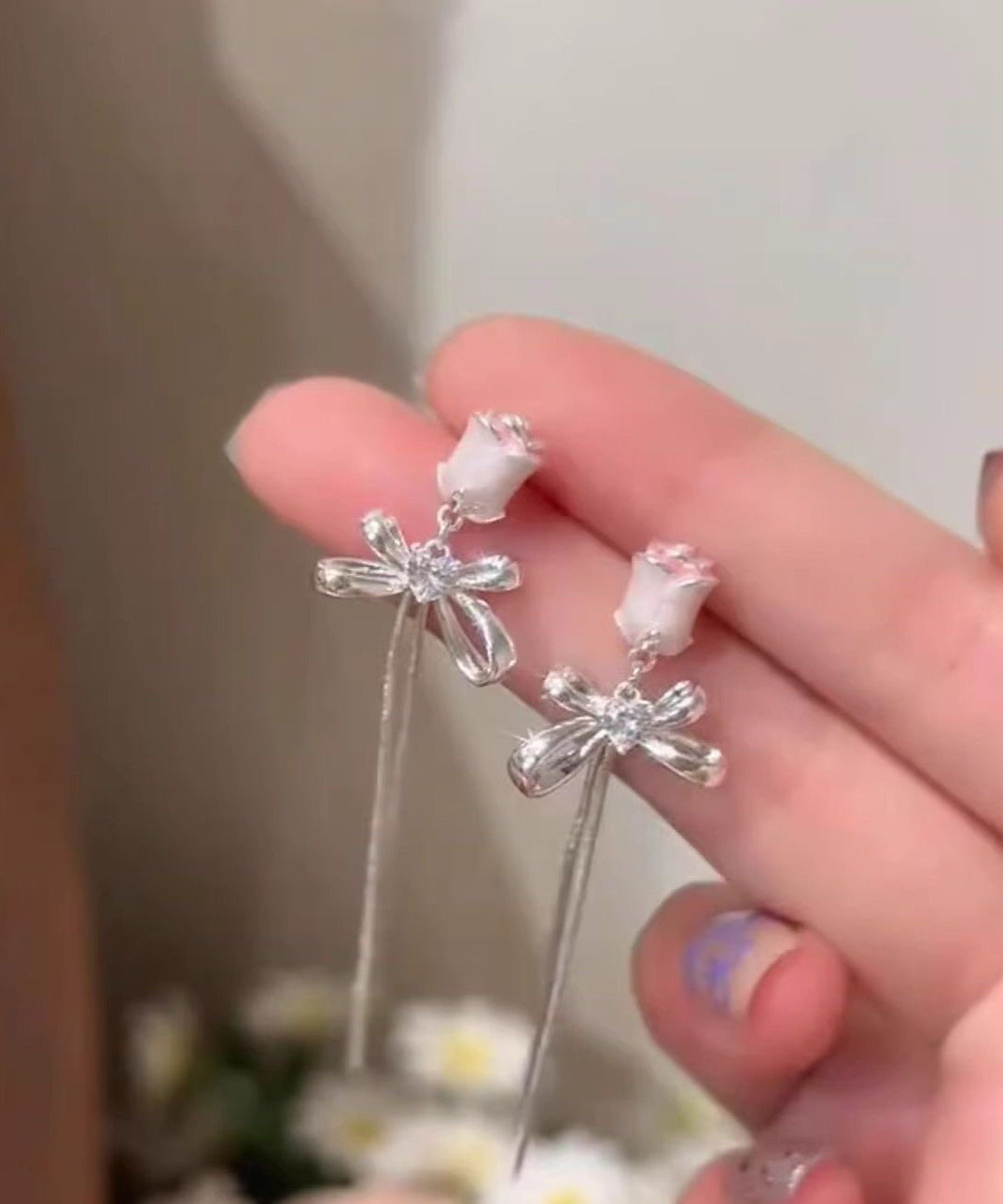Skinny Silk Alloy Bow Tulip Tassel Drop Earrings