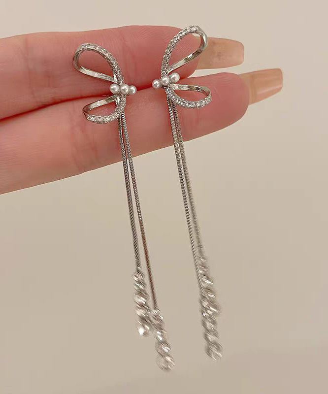Skinny Silk Copper Overgild Zircon Bow Tassel Drop Earrings