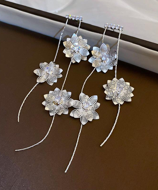 Skinny Silk Copper Zircon Floral Tassel Drop Earrings