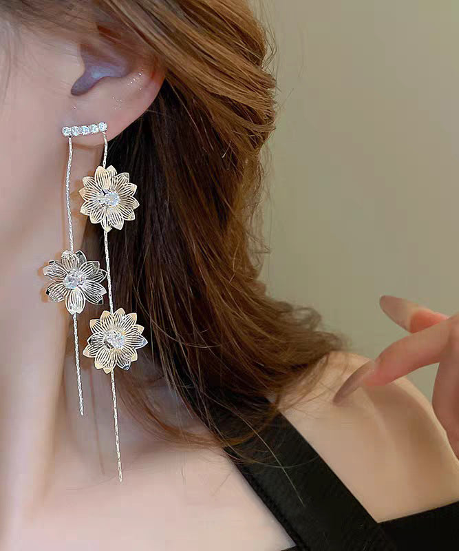 Skinny Silk Copper Zircon Floral Tassel Drop Earrings