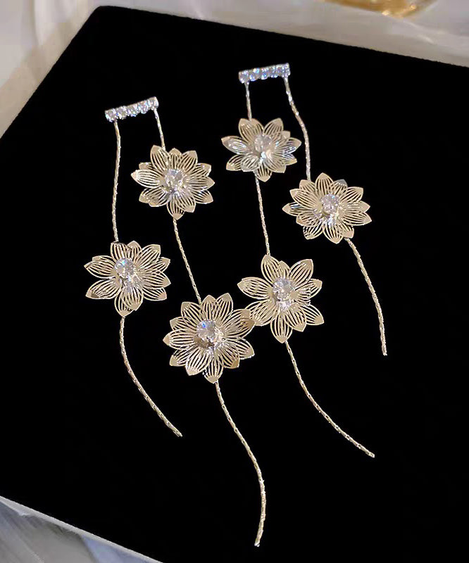 Skinny Silk Copper Zircon Floral Tassel Drop Earrings
