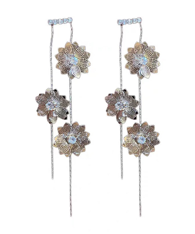 Skinny Silk Copper Zircon Floral Tassel Drop Earrings