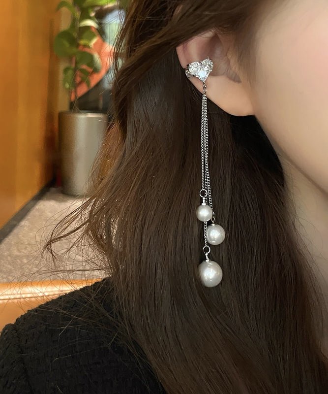 Skinny Silk Stainless Steel Love Pearl Tassel Drop Earrings